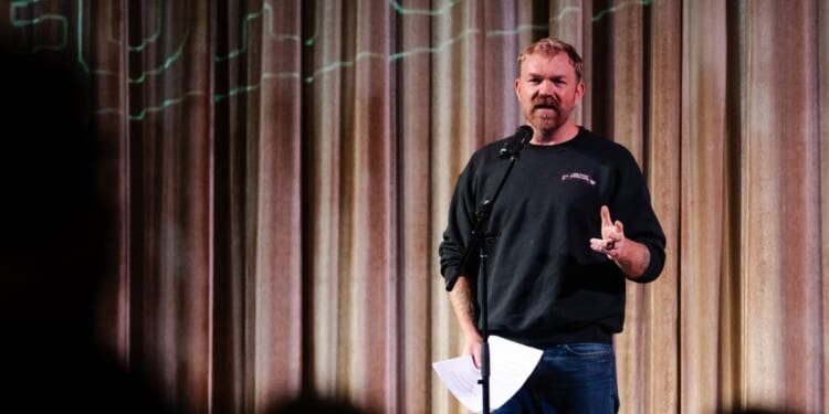 U.S. Senate candidate Graham Platner speaks at a town hall at the Leavitt Theater on Oct. 22, 2025, in Ogunquit, Maine.