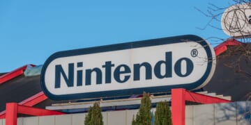 The Nintendo logo on top of a building entrance in Kungsbacka, Sweden, on Jan. 30, 2022.