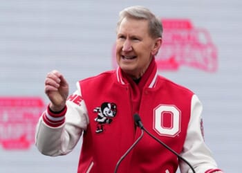 The Ohio State University President Walter “Ted” Carter delivers remarks during the NCAA Football Championship celebration at Ohio Stadium on Jan. 26, 2025, in Columbus, Ohio.
