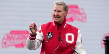 The Ohio State University President Walter “Ted” Carter delivers remarks during the NCAA Football Championship celebration at Ohio Stadium on Jan. 26, 2025, in Columbus, Ohio.