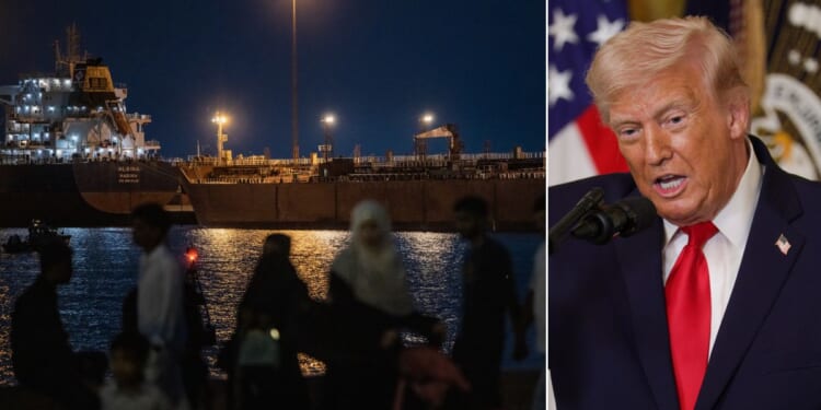 The Albina Bulk carrier, left, sits anchored on March 22, 2026 at Sultan Qaboos Port in Muscat, Oman. Oil prices immediately reacted after President Donald Trump announced "productive" talks with a member of the Iranian government.