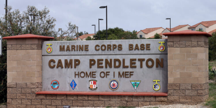 The entrance to Marine Corps base Camp Pendleton is seen on Sept. 22, 2015, in Oceanside, California.