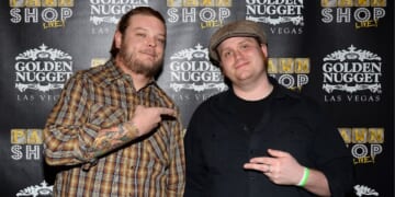 Corey "Big Hoss" Harrison and cast member Gus Langley arrive at the opening of "Pawn Shop Live!," a parody of History's "Pawn Stars" television series, at the Golden Nugget Hotel & Casino on Jan. 30, 2014, in Las Vegas, Nevada.
