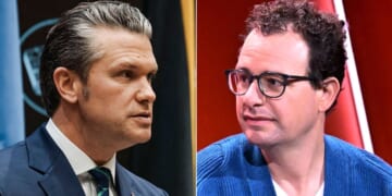 Anthropic co-founder and CEO Dario Amodei, right, indicated he will take legal action after Secretary of War Pete Hegseth, left, said the Department of War would declare the company a supply-chain risk.