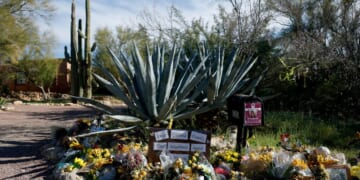 A makeshift memorial adorns the front of the home of Nancy Guthrie on March 2, 2026, in Tucson, Arizona.