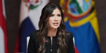 Secretary of Homeland Security Kristi Noem delivers remarks during a working lunch at the "Shield of the Americas" Summit at Trump National Doral in Miami, Florida, on March 7, 2026.