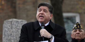 Illinois Gov. J.B. Pritzker delivers a short speech during a Veterans Day ceremony at Little Village's Manuel Perez Jr. Memorial Plaza on Nov. 11, 2025, in Chicago, Illinois.