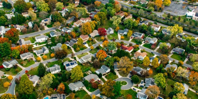 An overhead shot of a suburb in Washington, DC on Dec. 25, 2024.