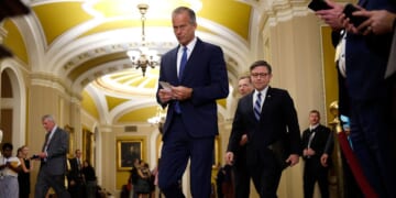 Senate Majority Leader John Thune and Speaker of the House Mike Johnson arrive to speak to members of the media following the Republican Senate Policy Luncheon at the U.S. Capitol on Oct. 7, 2025, in Washington, D.C.