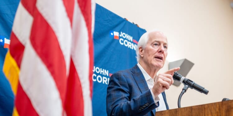Sen. John Cornyn speaks during a Get Out The Vote campaign rally at the Schertz Civic Center Conference Hall on March 2, 2026, in Schertz, Texas.
