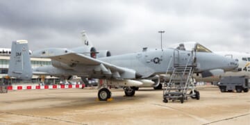 An A-10A Warthog combat plane from Davis-Monthan Air Force Base on display at the 51st International Paris Air show on June 18, 2015.