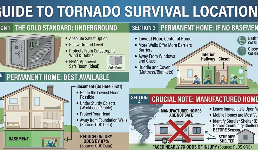 Studies say the basement or a bathroom on a lower floor are the best places to take shelter during a tornado. Click to enlarge. (Image generated by The Washington Times)