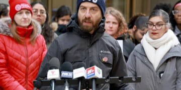 Chicago Teachers Union Vice President Jackson Potter speaks to news media at rally on February 26, 2026.
