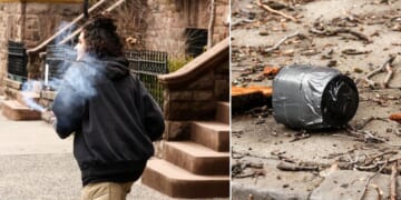 A left-wing activist throws a homemade explosive device at protesters demonstrating against Muslim prayer saturating public space in front of New York mayor Zohran Mamdani's residence in New York on March 7, 2026.