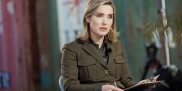 Margaret Brennan sits in Eagle Pass, Texas to interview Speaker of the House Mike Johnson on Jan. 3, 2024.