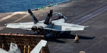 An F/A-18E Super Hornet launches from the USS Abraham Lincoln on Saturday in support of Operation Epic Fury, the American attack on the Islamic Republic of Iran.