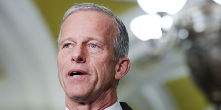 Senate Majority Leader John Thune speaks during a news conference following a weekly Republican policy luncheon at the U.S. Capitol on March 10, 2026, in Washington, D.C.