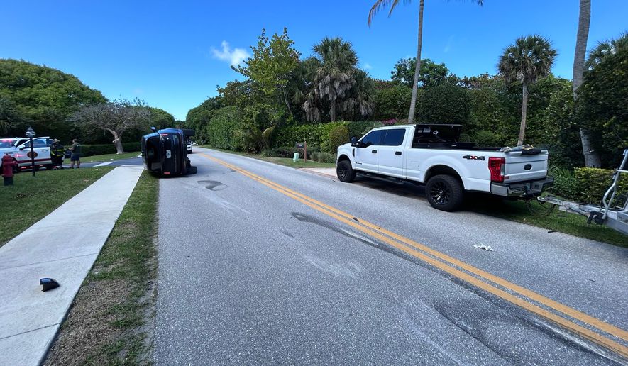 This photo provided by the Martin County Sheriff's Office shows skid marks near the overturned vehicle in a rollover crash which involved Tiger Woods in Jupiter Island, Fla., on Friday, March 27, 2026. (Martin County Sheriff's Office via AP)