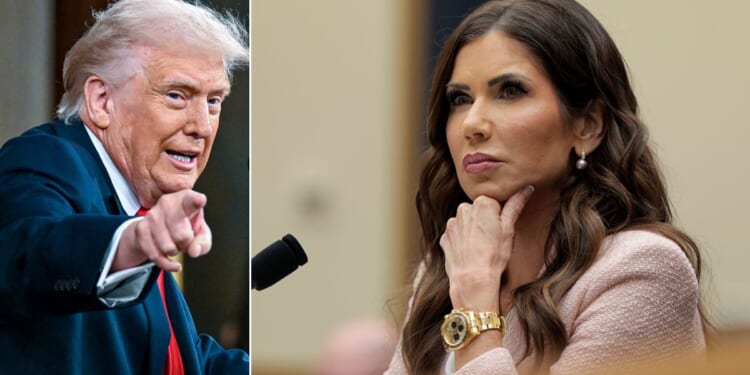 President Donald Trump announced Thursday he has fired Homeland Security Secretary Kristi Noem, right.