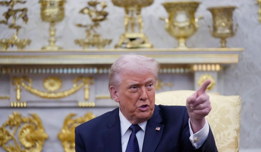 President Donald Trump speaks during a meeting with German Chancellor Friedrich Merz in the Oval Office at the White House, Tuesday, March 3, 2026, in Washington. (AP Photo/Mark Schiefelbein)