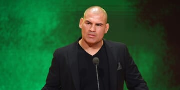 Former UFC heavyweight champion Cain Velasquez speaks at a WWE news conference at T-Mobile Arena on Oct. 11, 2019, in Las Vegas, Nevada.