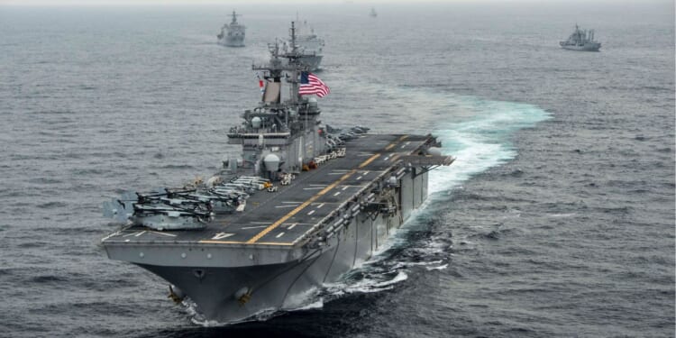 In this handout photo provided by the U.S. Navy, the amphibious assault ship USS Boxer transits the East Sea on March 8, 2016, during Exercise Ssang Yong 2016.