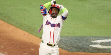 The Dominican Republic's Geraldo Perdomo reacts after striking out at the end of the ninth inning of a World Baseball Classic semifinal game against the United States on March 15, 2026, in Miami, Florida.