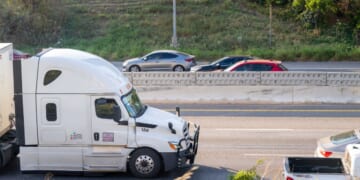 A semi-truck traverses Interstate 35 on Nov. 17, 2025, in Austin, Texas.