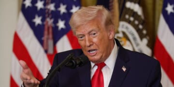 President Donald Trump speaks during a Women's History Month event in the East Room of the White House on March 12, 2026, in Washington, D.C.