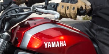 A close-up shot of a Yamaha XSR700 motorcycle.