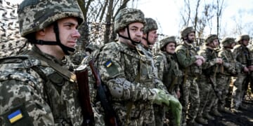 Ukrainian Armed Forces recruits standing in line