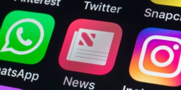 Apple News, WhatsApp, Instagram, Twitter, Snapchat, and other app buttons on the iPhone screen on July 24, 2018, in London, England.