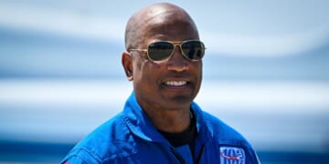 NASA astronaut and Artemis II pilot Victor Glover looks on during a welcome ceremony ahead of the Artemis II April 1 launch at Kennedy Space Center in Florida on March 27, 2026.