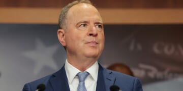 Sen. Adam Schiff of California speaks alongside his fellow Senate Democrats at a news conference Monday in Washington, D.C.