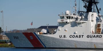 A U.S. Coast Guard cutter sits docked at Coast Guard Island Alameda on Nov. 21, 2025, in Alameda, California.
