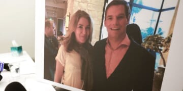 A picture showing Lonna Drewes and former Rep. Eric Swalwell, a Democrat from California, is shown during a press conference where she described her claims about sexual misconduct by Swalwell in Beverly Hills, California, on April 14, 2026.