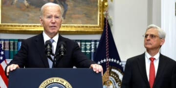 Then-President Joe Biden is flanked by Attorney General Merrick Garland in a July 2024 appearance. A new Department of Justice report calls the Biden administration's hostile actions against pro-lifers "shameful."