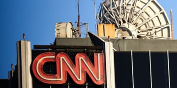 The CNN logo stands on a building in Los Angeles, California on November 13, 2023.