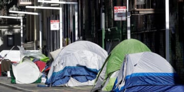 Tents set up by the homeless on a San Francisco street are pictured in a 2020 file photo.