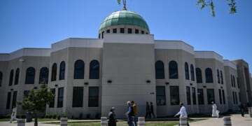 A mosque stands as people arrive to attend prayers in Plano, Texas, on April 11, 2025.