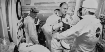 American astronaut Ken Mattingly of Apollo 13 enters the white room following the countdown test ahead of the Apollo 13 mission at Kennedy Space Center on Merritt Island, Florida, on March 26, 1970.