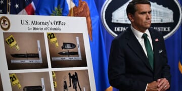 Acting Attorney General Todd Blanche is pictured at a news conference Sunday at Department of Justice headquarters in Washington, D.C., after a man opened fire at a media gala attended by President Donald Trump and other top administration officials.