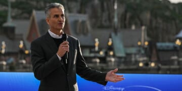 Disney CEO Josh D'Amaro speaks during the inauguration of the expanded "Disney Adventure World" at Marne-la-Vallee, east of Paris, on March 28, 2026.