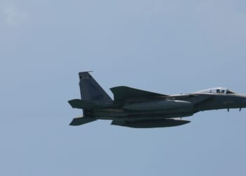 A F-15 fighter jet maneuvers before the Hyundai Air and Sea Show on May 28, 2021 in Miami Beach, Florida.