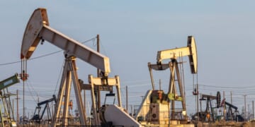 Oil drills extract oil in Lost Hills Oil Field in California.