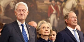Former President Bill Clinton, former Secretary of State Hillary Clinton, and former President George W. Bush attend the inauguration of President Donald Trump in the Rotunda of the U.S. Capitol on Jan. 20, 2025, in Washington, D.C.