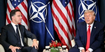 President Donald Trump speaks with NATO Secretary-General Mark Rutte during a bilateral meeting on the sidelines of the World Economic Forum annual meeting in Davos on Jan. 21, 2026.