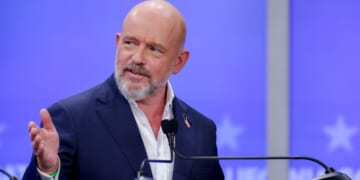 Steve Hilton, Republican gubernatorial candidate for California, speaks during a debate at KRON Studios in San Francisco, California, on April 22, 2026.