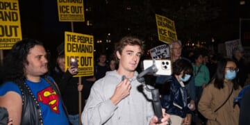 Conservative influencer Nick Shirley films protestors demonstrating against U.S. Immigration and Customs Enforcement arrests on Oct. 22, 2025, in New York City.