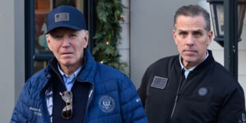 President Joe Biden and son Hunter Biden step out of a bookstore while shopping in Nantucket, Massachusetts, on Nov. 29, 2024.